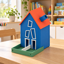 Load image into Gallery viewer, Sfeerimpressie van een blauwe Villa Vertel met oranje dak en groen tuintje op een tafel in een logopedische behandelkamer.